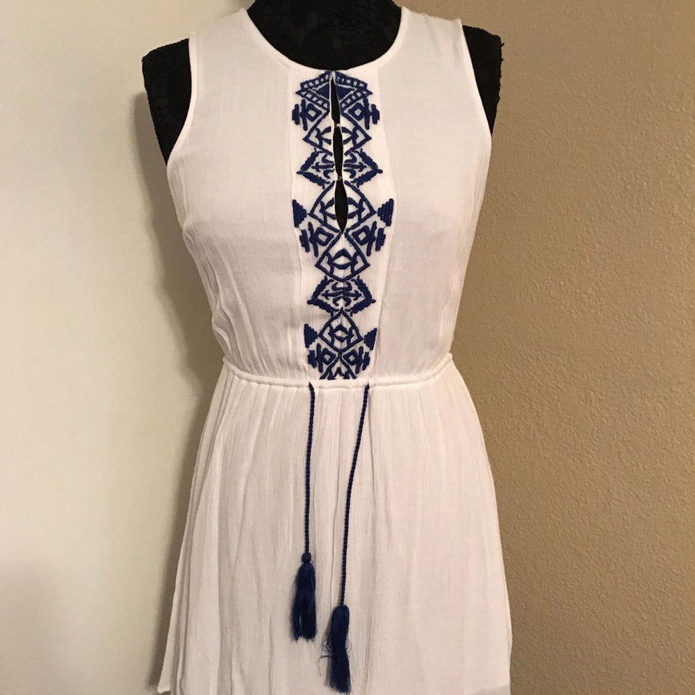 White Dress with blue Embroidery open back